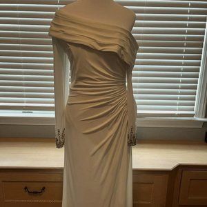 Ieena for Mac Duggal Long Beaded Sleeve Asymmetrical One Shoulder Midi Dress